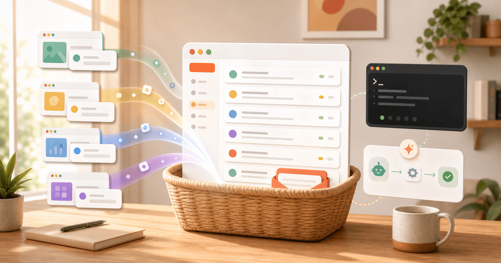 An illustrated product workspace where feedback cards, a terminal, and agent setup notes flow into one central inbox.